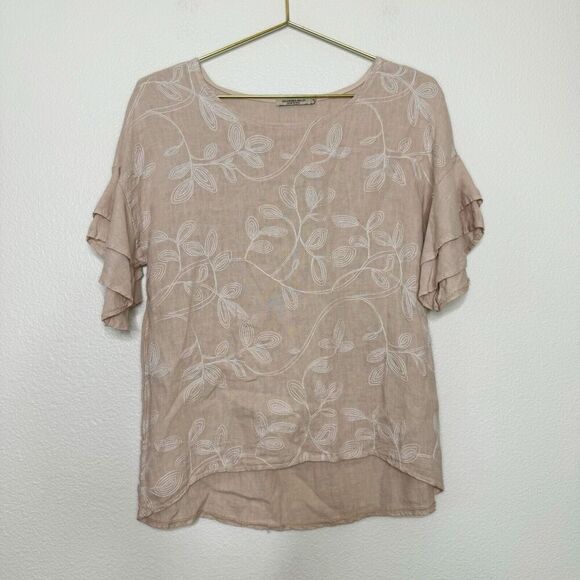 Valentina Naldi Top Small Linen Pink Floral Embroidered Ruffle Short Sleeve - Picture 1 of 9